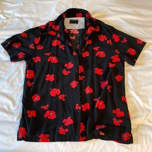 Floral Print Black Short Sleeve Button Down